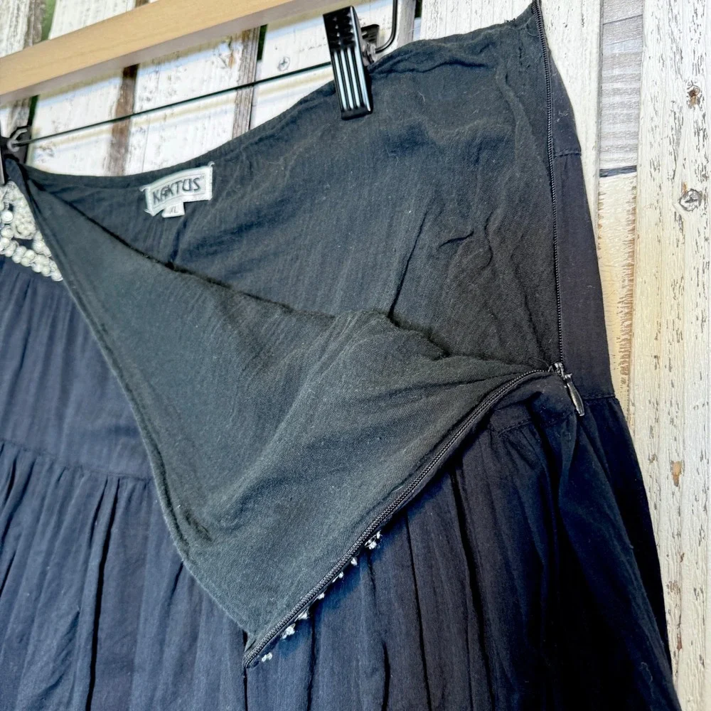 VTG‎ Kaktus Boho Black Midi Broom Skirt size XL Sequin Beaded Hippie Festival